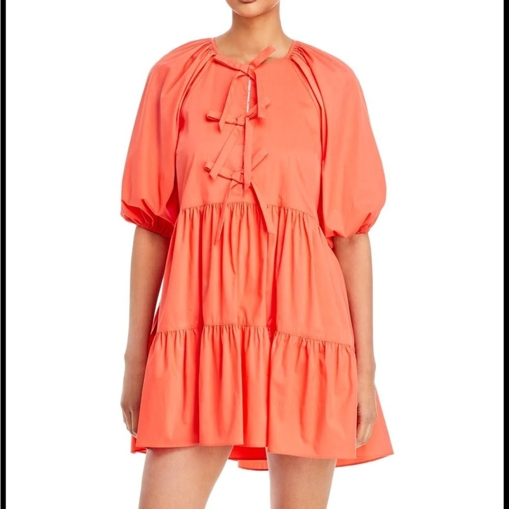 Cinq A Sept Lynn Cotton Bow Detail Mini Dress Neon Coral Trendy Sz 4 NEW